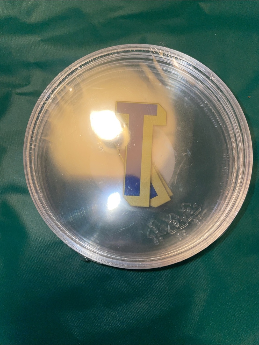 Clear Round coasters with “T” Yellow and Blue Accent